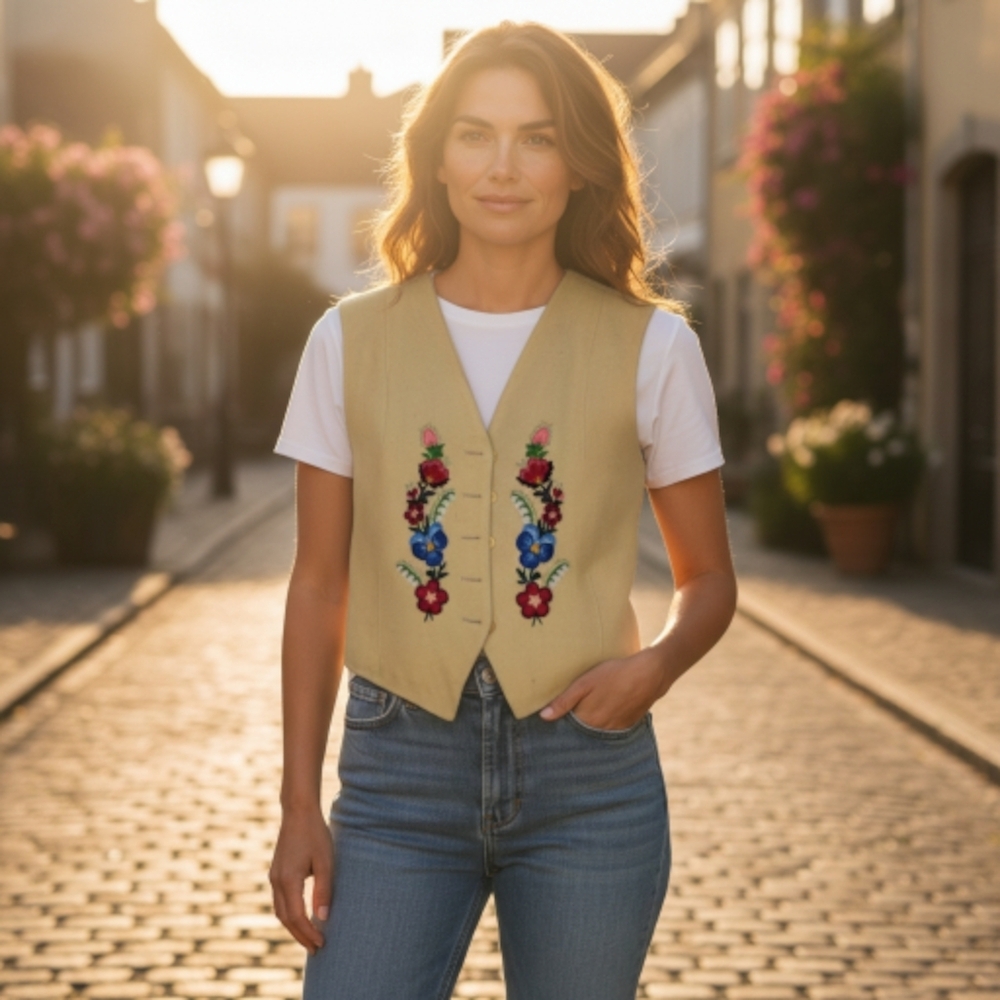 Vintage Embroidered Floral Vest Women's Yellow Button Front‎ Adjustable Back